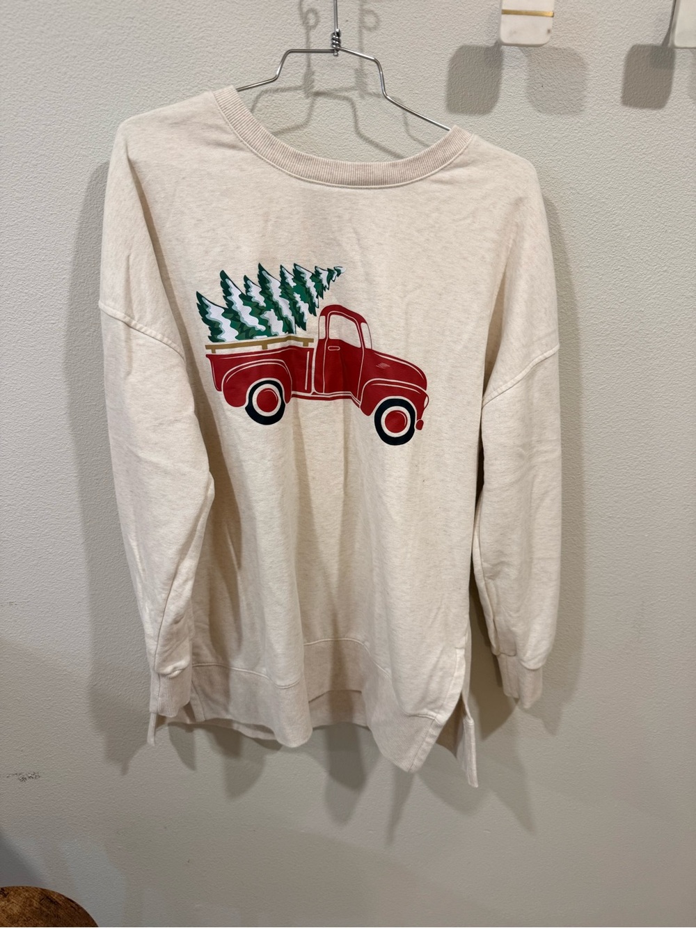 Women’s Cream Long-Sleeve Top with Red Truck & Green Trees holiday sweatshirt